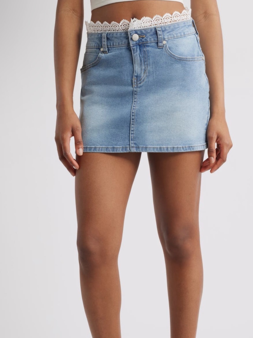 Lace-Waist Light Blue Denim Mini Skirt